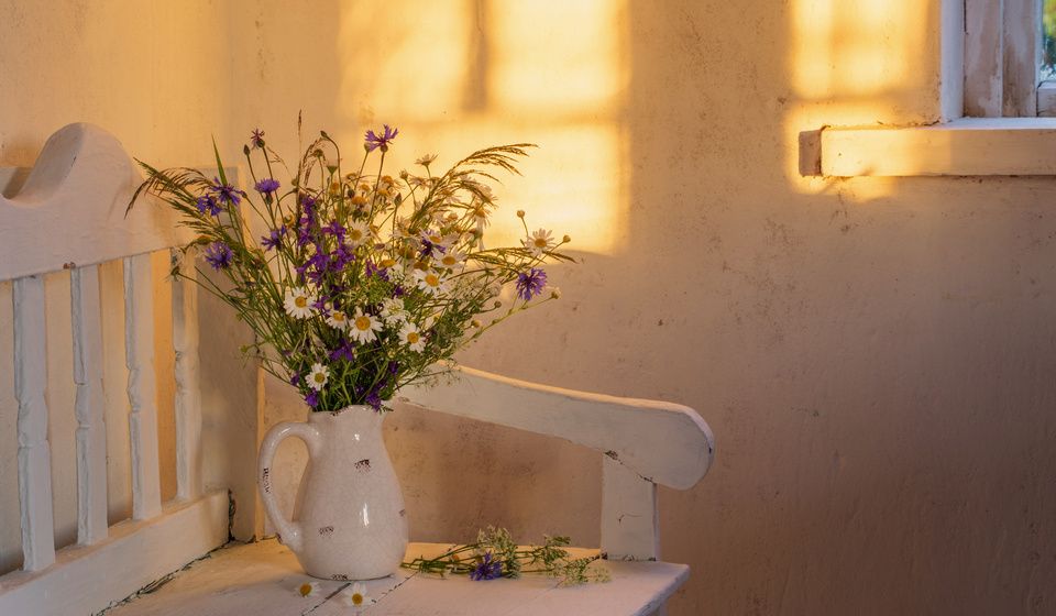 FLOWERS ON BENCH SUNSET